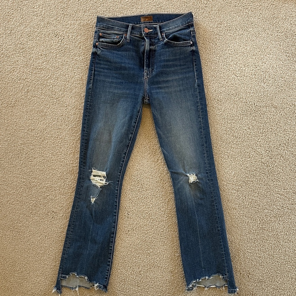 MOTHER Dark Blue Distressed Cropped Jeans